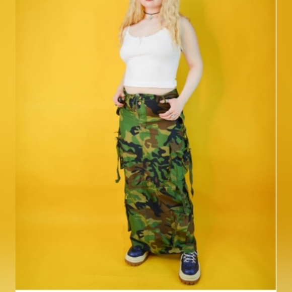 Vintage Y2K Camo Camouflage Army Cargo Pocket Maxi Skirt S M - Picture 3 of 6